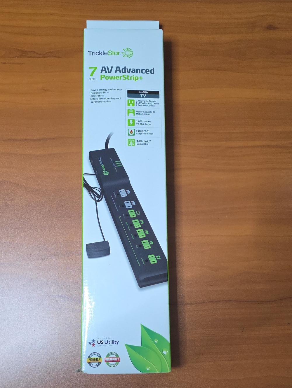 TrickleStar 7-Outlet AV Advanced PowerStrip+ — Black with Green Accents